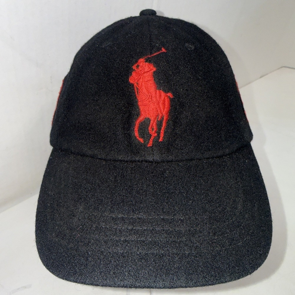 Vintage Polo Ralph Lauren Red Black Wool Embroidered Leather Strap Baseball Hat